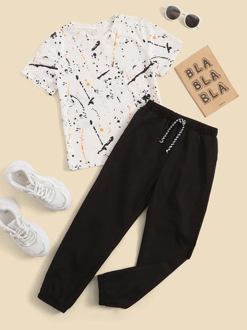 Boys Splash Ink Print Tee & Drawstring Waist Sweatpants