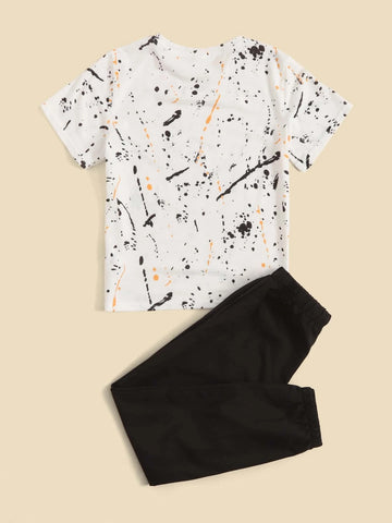 Boys Splash Ink Print Tee & Drawstring Waist Sweatpants