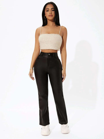 Leather Look High Waist Straight Leg Jeans