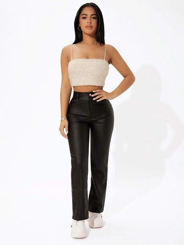 Leather Look High Waist Straight Leg Jeans