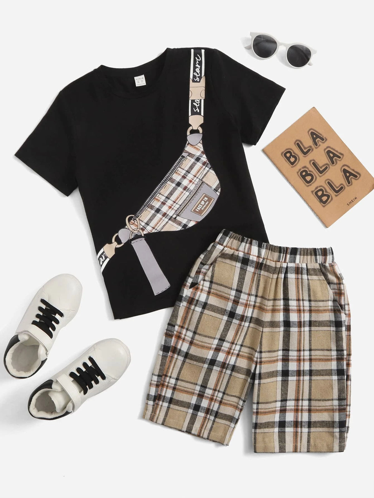 Boys Bag Print Top And Plaid Shorts Set