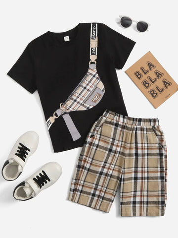 Boys Bag Print Top And Plaid Shorts Set