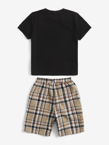 Boys Bag Print Top And Plaid Shorts Set