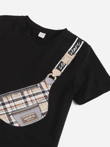 Boys Bag Print Top And Plaid Shorts Set