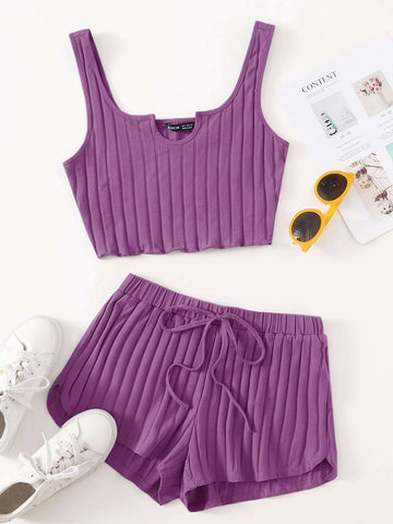 EZwear Notch Neck Rib-knit Tank Top & Shorts Set