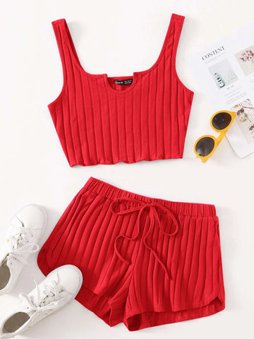 EZwear Notch Neck Rib-knit Tank Top & Shorts Set
