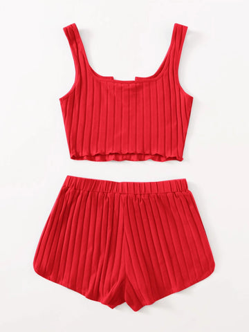 EZwear Notch Neck Rib-knit Tank Top & Shorts Set