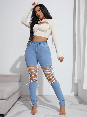 High Stretch Lace Up Front Skinny Jeans