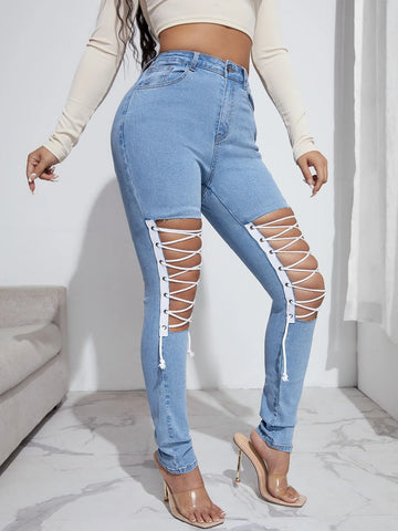 High Stretch Lace Up Front Skinny Jeans
