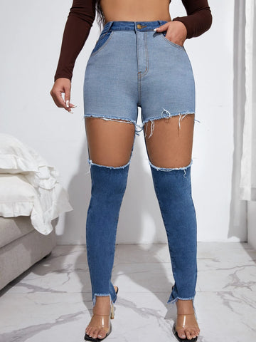 High Waisted Colorblock Cutout Raw Hem Skinny Jeans