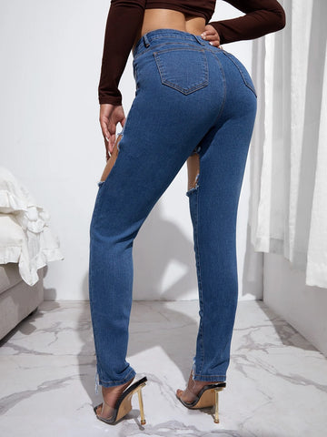 High Waisted Colorblock Cutout Raw Hem Skinny Jeans