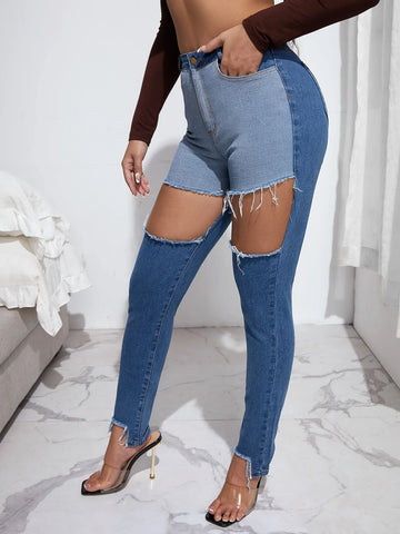 High Waisted Colorblock Cutout Raw Hem Skinny Jeans