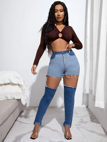 High Waisted Colorblock Cutout Raw Hem Skinny Jeans