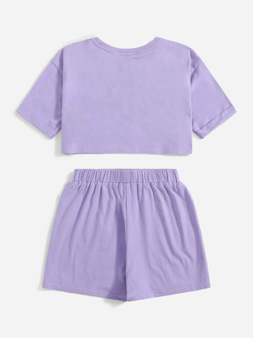 Girls Letter Graphic Drop Shoulder Crop Tee & Shorts Set