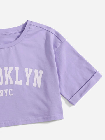 Girls Letter Graphic Drop Shoulder Crop Tee & Shorts Set