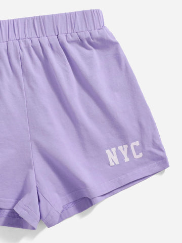 Girls Letter Graphic Drop Shoulder Crop Tee & Shorts Set