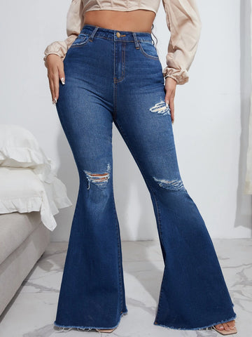 High Waist Ripped Raw Hem Flare Leg Jeans