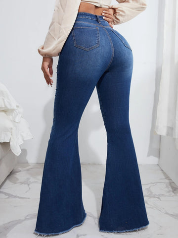High Waist Ripped Raw Hem Flare Leg Jeans