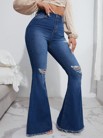 High Waist Ripped Raw Hem Flare Leg Jeans