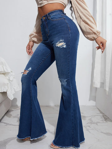 High Waist Ripped Raw Hem Flare Leg Jeans