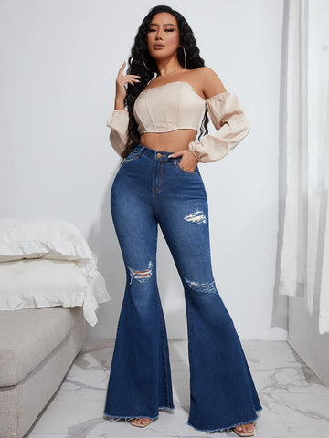 High Waist Ripped Raw Hem Flare Leg Jeans