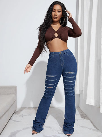 High Waist Ladder Distressed Stacked Flare Leg Jeans