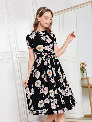 Teen Girls Floral Print Belted Dres