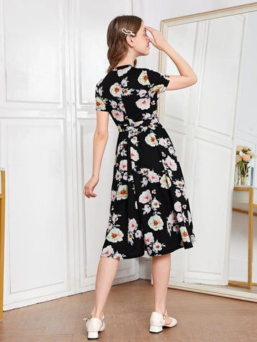 Teen Girls Floral Print Belted Dres