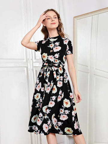 Teen Girls Floral Print Belted Dres
