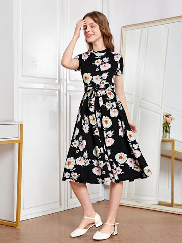 Teen Girls Floral Print Belted Dres