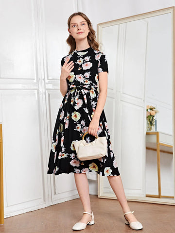 Teen Girls Floral Print Belted Dres