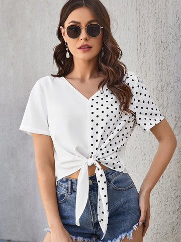 Polka Dot Print Knot Hem Blouse
