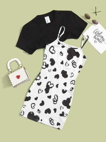 Teen Girls Crop Top & Heart Print Cami Top