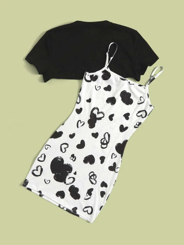 Teen Girls Crop Top & Heart Print Cami Top