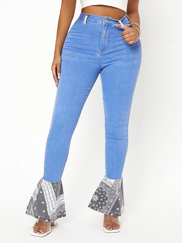 Paisley High Waist Ruffle Hem Jeans