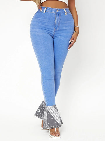 Paisley High Waist Ruffle Hem Jeans
