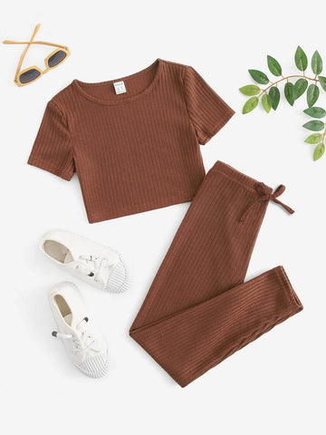 Girls Rib-knit Top & Bow Waist Leggings Set