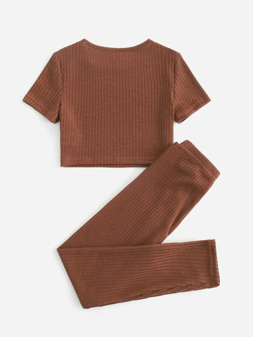 Girls Rib-knit Top & Bow Waist Leggings Set