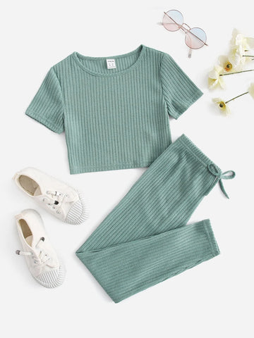 Girls Rib-knit Top & Bow Waist Leggings Set