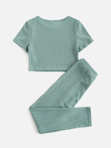 Girls Rib-knit Top & Bow Waist Leggings Set