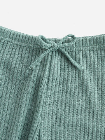 Girls Rib-knit Top & Bow Waist Leggings Set