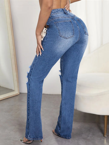 High Waist Lace Up Detail Ripped Jeans
