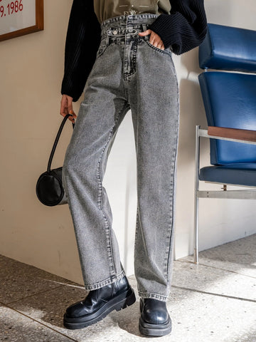 DAZY High Waist Grommet Detail Straight Leg Jeans