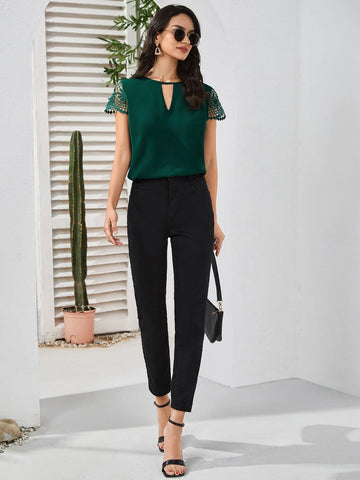 Keyhole Neck Guipure Lace Blouse