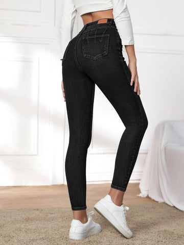 High Waist Patched Detail Skinny Jeans