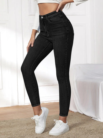 High Waist Patched Detail Skinny Jeans