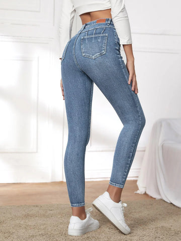 High Waist Patched Detail Skinny Jeans