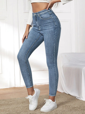High Waist Patched Detail Skinny Jeans