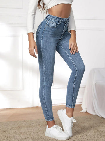 High Waist Patched Detail Skinny Jeans