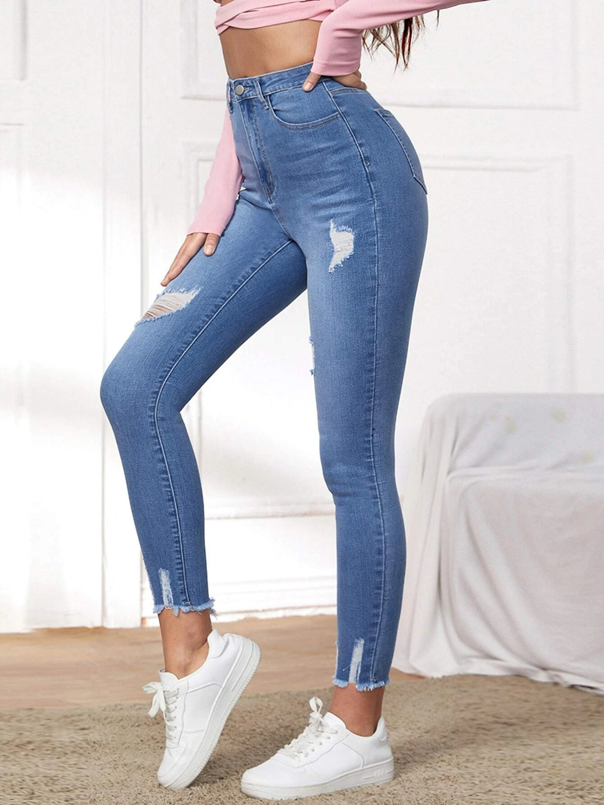 High Waist Ripped Raw Hem Skinny Jeans